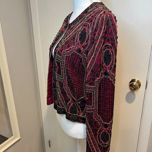 Vintage Niteline by Della Roufogali Red Silk Beaded jacket, Size Medium - Picture 12 of 14